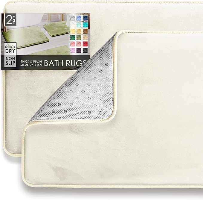 Clara Clark 2 Piece Bathroom Rugs Bath Mat Set, Velvet Memory Foam Bath Mats for Bathroom - Non-Slip, PVC Backing Bath Rugs, Washable - Dries Quickly, White