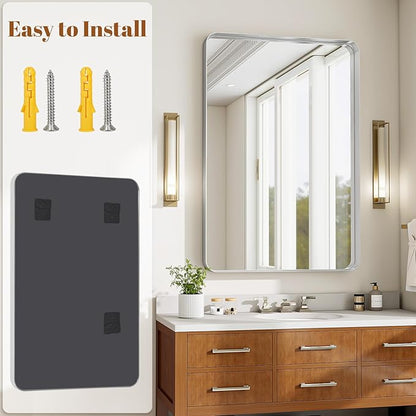 Bathroom Mirrors for Over Sink 24 x 32 Inch Rectangle Bathroom Vanity Mirror with Rounded Corner Bathroom Mirror for Wall for Living Room Bedroom Entryway Silver