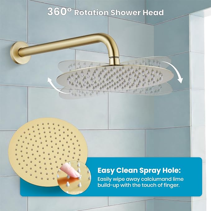 gotonovo High Pressure Shower System Valve and Trim Kit,Brushed Gold | Round Rain 10 Inch Shower Head with Handheld Faucet Set Complete,Rough In Valve,2-in-1 Diverter,All Metal,Bathroom Wall Mount