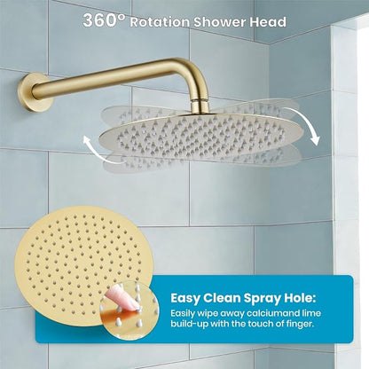gotonovo High Pressure Shower System Valve and Trim Kit,Brushed Gold | Round Rain 10 Inch Shower Head with Handheld Faucet Set Complete,Rough In Valve,2-in-1 Diverter,All Metal,Bathroom Wall Mount
