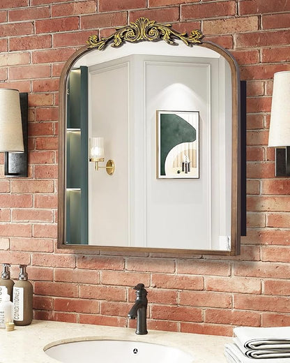 24x30 Inch Bathroom Medicine Cabinet Surface Mounted, Bronze Arched Medicine Cabinet with Mirror, All-Metal Black Medicine Cabinets with Hand-Painted Aluminum Door Frame, 2 Stable & Removable Shelves