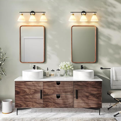 WOSHITU Bathroom Vanity Light Fixtures: 3 Lights Modern Bathroom Lighting Fixtures Over Mirror with Frosted Milky Glass Shade, Black and Gold Vanity Lighting Fixtures Wall Sconce for Bath Bedroom