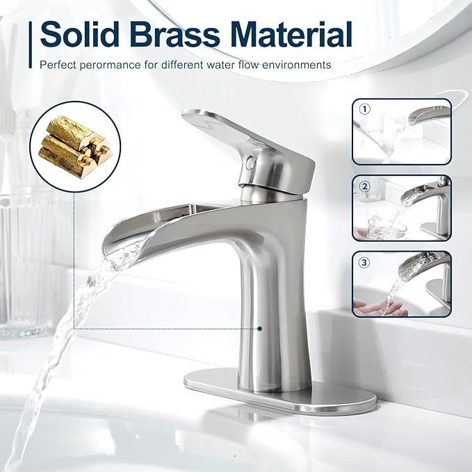 VOTON Bathroom Faucets Brushed Nickel Single Handle Waterfall Sink Faucet One Hole or Three Holes with Deck Mount Vanity Farmhouse RV Vessel Basin Faucet