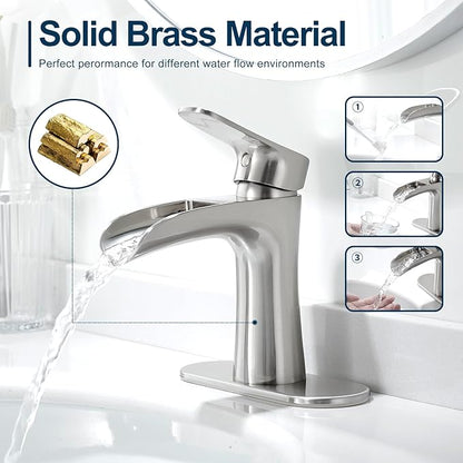 VOTON Bathroom Faucets Brushed Nickel Single Handle Waterfall Sink Faucet One Hole or Three Holes with Deck Mount Vanity Farmhouse RV Vessel Basin Faucet