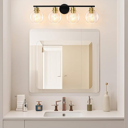 Bathroom Light Fixtures Over Mirror 4-Lights Bathroom Vanity Light with Clear Glass Shade 29.5 inch Modern Wall Sconce Black and Gold Vanity Lighting for Bath