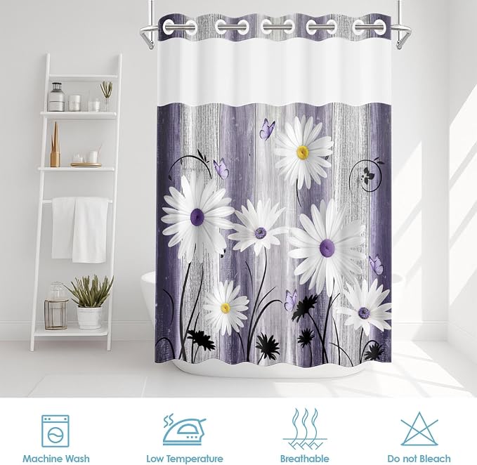 No Hook Shower Curtain with Snap in Liner 54x80 Inch Flower Daisy | Purple Wooden Boards Modern Double Layers Waterproof Fabric with See Through Top Window Open Grommet Bath Curtain