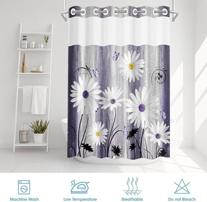 No Hook Shower Curtain with Snap in Liner 54x80 Inch Flower Daisy | Purple Wooden Boards Modern Double Layers Waterproof Fabric with See Through Top Window Open Grommet Bath Curtain