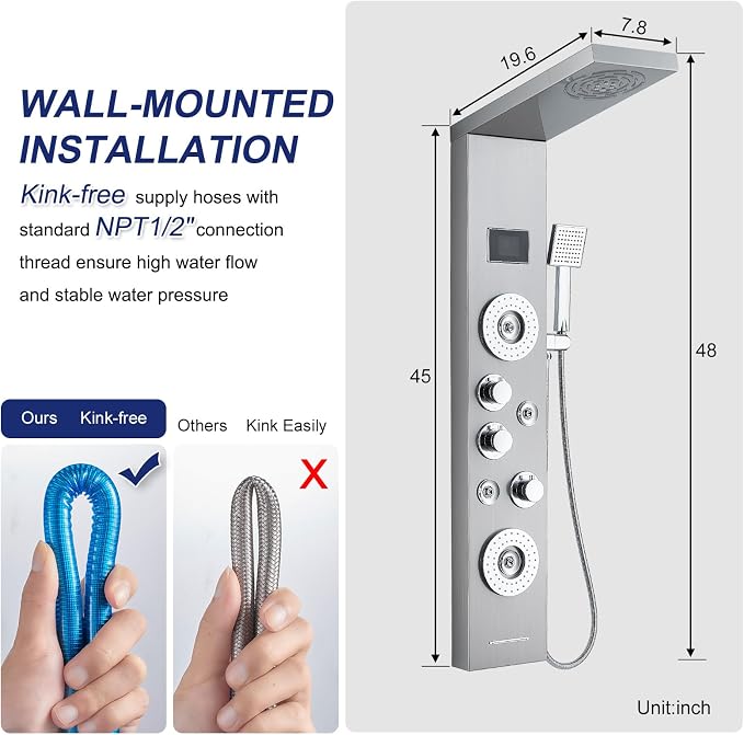 ROVATE 6-in-1 LED Rainfall Mist Shower Panel Tower System, Brushed Finish | Stainless Steel Shower Column with 2-Setting Massage Body Jets, Flexible Handheld, Tub Spout, Digital Temperature Display