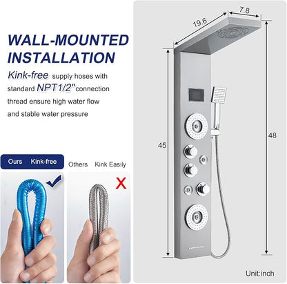 ROVATE 6-in-1 LED Rainfall Mist Shower Panel Tower System, Brushed Finish | Stainless Steel Shower Column with 2-Setting Massage Body Jets, Flexible Handheld, Tub Spout, Digital Temperature Display