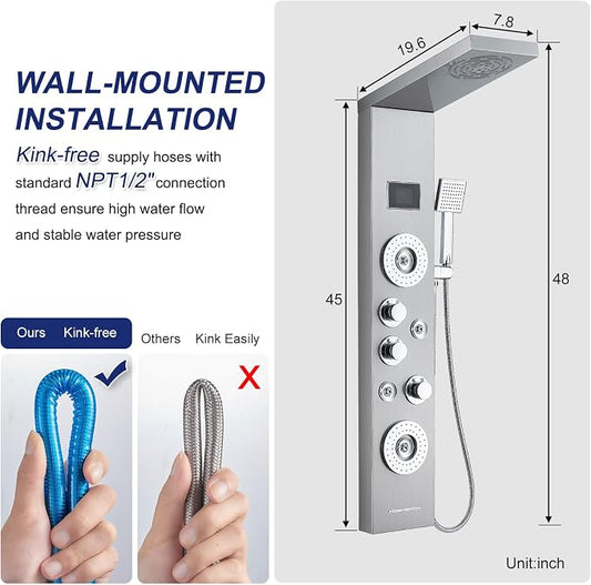 ROVATE 6-in-1 LED Rainfall Mist Shower Panel Tower System, Brushed Finish | Stainless Steel Shower Column with 2-Setting Massage Body Jets, Flexible Handheld, Tub Spout, Digital Temperature Display