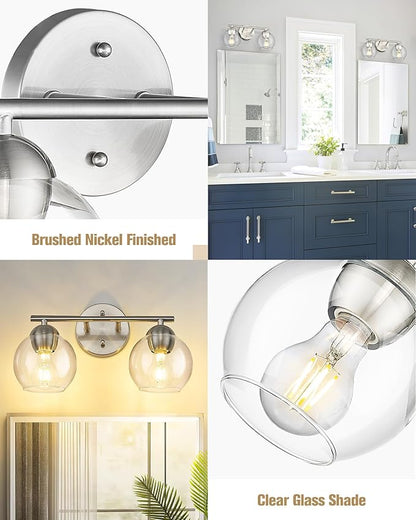 Emak Brushed Nickel Vanity Lights, 2-Light Bathroom Light Fixtures with Clear Glass Shade, Modern Globe Vanity Light for Bathroom, VL114-BN-2