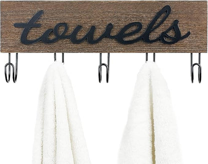 Mkono Wall Mounted Towel Rack, 5 Hooks Rustic Wood Bathroom Towel Hanger | Farmhouse Decor, Space Saving, Decorative Letter Design, Easy Install, Sturdy, Hang Bathrobe clothes, Shower Accessories