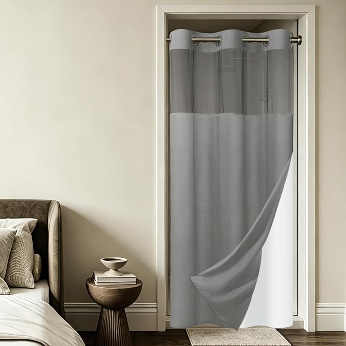 SORTTO No Hook Slub Shower Curtain with Liner, 48x74, Grey | Snap in Liner, 3 in 1, Bamboo Texture, Hotel Style, Waterproof Fabric, Mesh Top Window, Corner Magnets, Machine Washable