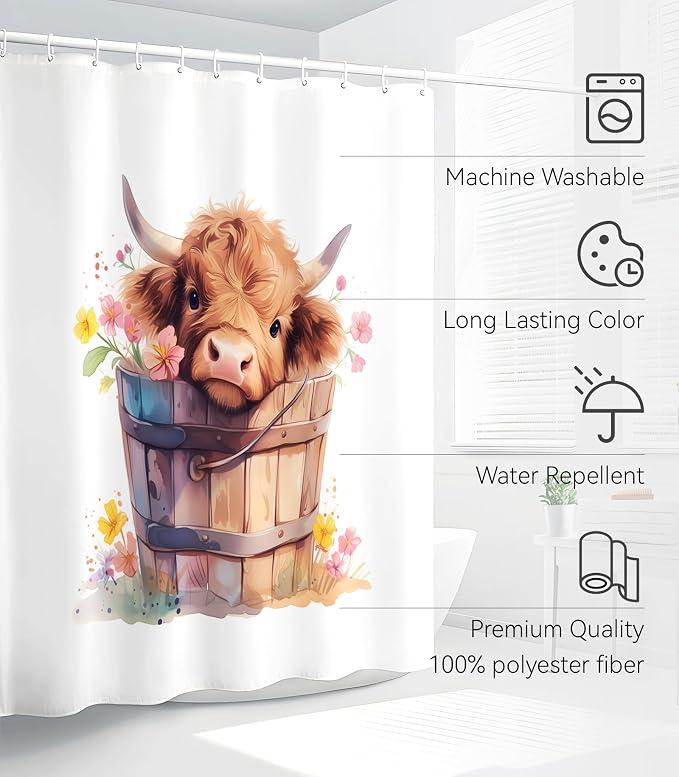Shower Curtain for Bathroom Stall Boho Modern Cute Aesthetic Decorative Girly Waterproof Unique Highland Cow Girls Chic Print Design Teen Pretty Women Cortinas de Baño Bathtub 72 x72 Inch