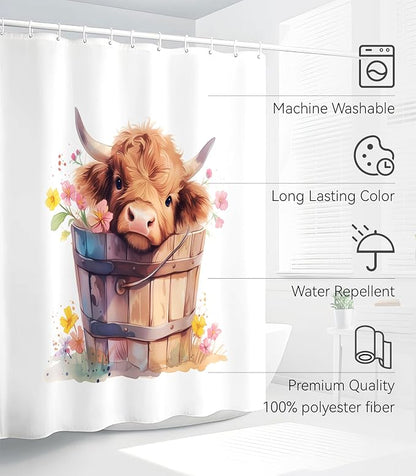 Shower Curtain for Bathroom Stall Boho Modern Cute Aesthetic Decorative Girly Waterproof Unique Highland Cow Girls Chic Print Design Teen Pretty Women Cortinas de Baño Bathtub 72 x72 Inch