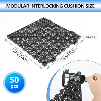 FAHKNS 50 Pack Interlocking Drainage Tiles, 12" x 12" Non-Slip Drainage Interlocking Floor Tiles, PVC Floor for Bathroom, Patio, Toilet, Kitchen Water Prone Areas, Black