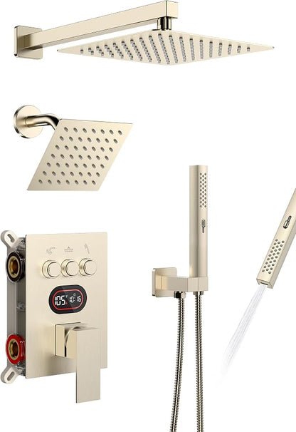 Longriver 3-Push Button Shower Faucet Set Hydro Power Temperature Display | Shower System Wall Mounted 10" & 6" Shower Head with 3-Spary Handheld, Shower Fixtures with Valve and Trim Kit-Brushed Nickel