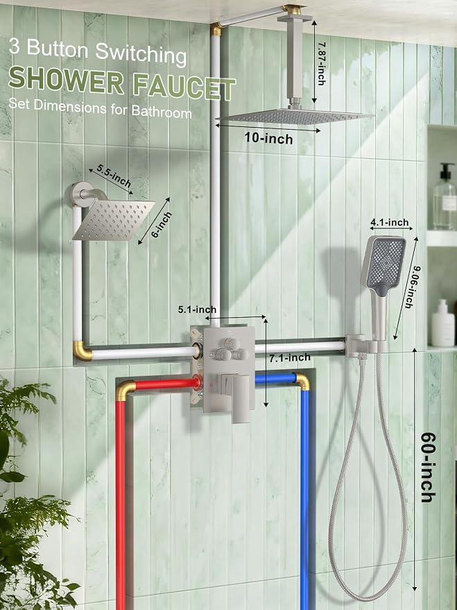 Woindo Shower Faucet Set, 10" Ceiling Mount Rainfall Shower System with 2 Rain Shower Head and Multi-function Handheld Head Push Button Diverter Shower Faucet Trim Kit