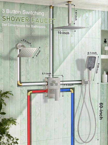 Woindo Shower Faucet Set, 10" Ceiling Mount Rainfall Shower System with 2 Rain Shower Head and Multi-function Handheld Head Push Button Diverter Shower Faucet Trim Kit