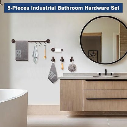 NearMoon 5-Pieces Industrial Pipe Bathroom Hardware Set, Include 18 Inch Towel Bar, Toilet Paper Holder and 3 Robe Hooks, Heavy Duty DIY Style Wall Mounted Rustic Decor Accessories Kit (Bronze)