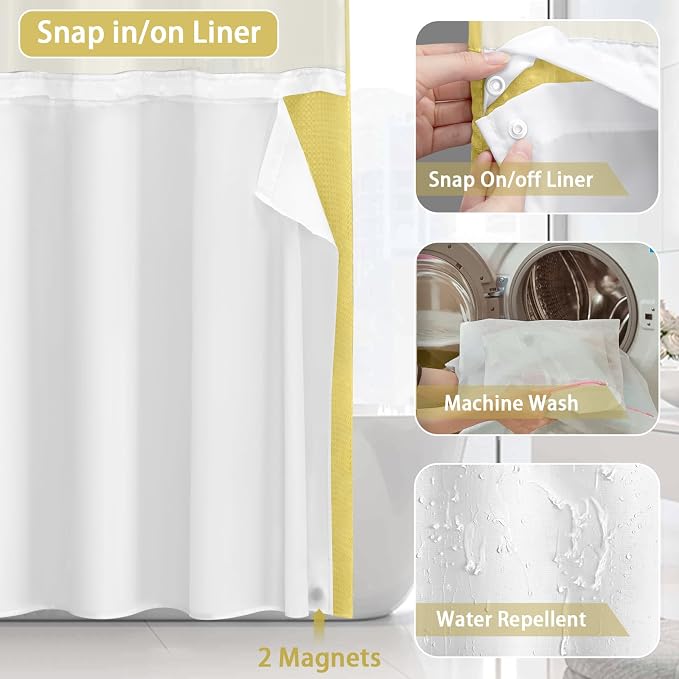 No Hook Shower Curtain with Liner Set Hotel Waffle Curtain Yellow 72W X 75L | Washable Snap in Fabric Liner, Mesh Top Window, Waffle Hotel Style Shower Curtain Set