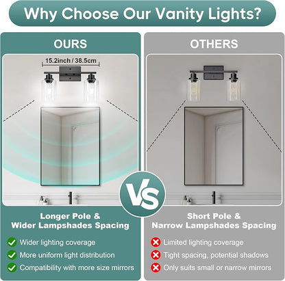 Ascher Bathroom Light Fixtures, 2-Light Vanity Light Over Mirror, Matte Black Wall Sconces with Clear Glass Shades, Wall Lamp for Living Room Bedroom, E26 Base(Bulbs Not Included)