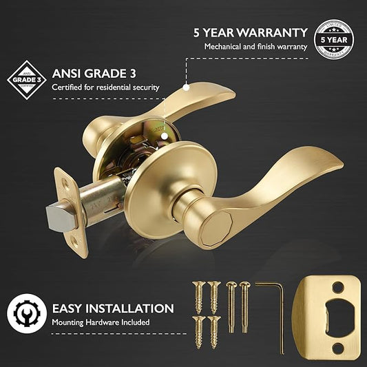 Design House Springdale Passage Hall Closet Interior Door Lever Handle Lockset, Non-Locking Handle Hardware, Satin Gold, 6.375 in x 1.94 in x 2.625 in, Item 728899