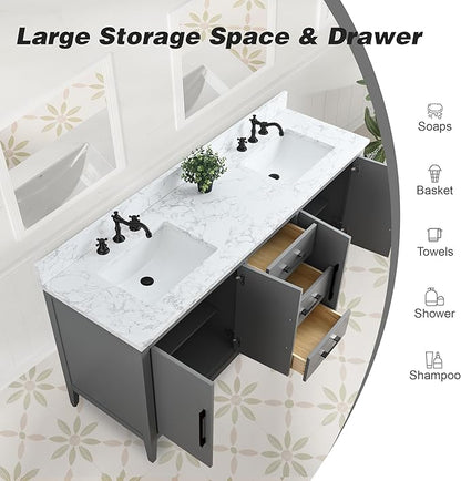 HomeBeyond 72 Inch Bathroom Vanity with Sink & Ceramic Top, Double Vanity Cabinet with Basin, Soft-Closing Doors & Matte Black Hardware, Grey