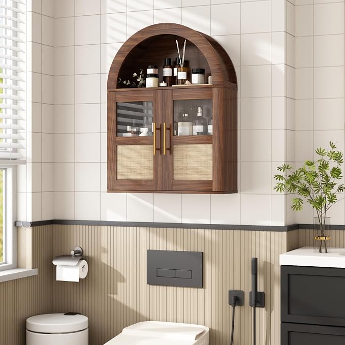 RUSTOWN Arched Bathroom Wall Cabinet with 2 Glass & Rattan Doors | Rattan Medicine Cabinet, Farmhouse Over the Toilet Storage Cabinet, Adjustable Shelves, 3-Tier Wall Mounted Cabinets