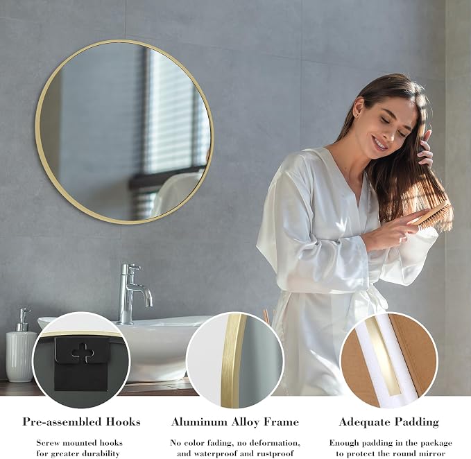 Sweetcrispy 24 Inch Round Wall Mirror, Bathroom Mirror for Over Sink | Tempered Glass, Anti-Fog & Waterproof Round Mirrors for Bathroom, Entryway, Bedroom, Shatterproof Design, Gold