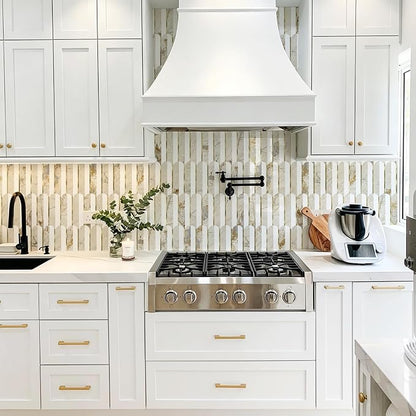 Vamos Tile Peel and Stick Backsplash, Fish Scale, Glossy, 10 pcs | 11.9''x10.8'',White & Pandora PVC+Light Gold Stick on Backsplash Tile for Kitchen & Bathroom & Laundry & Camper