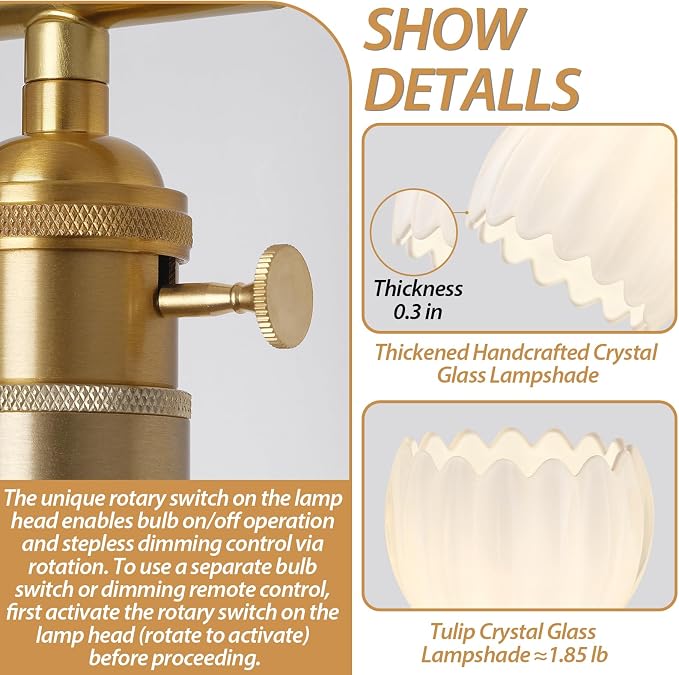 Gold 2 Light Bathroom Vanity Light,14.9in Modern Bathroom Lighting Fixtures Over Mirror with Milky White Tulip Crystal Glass Shade,Brass Vintage Vanity Lights for Bathroom Living Room Bedroom