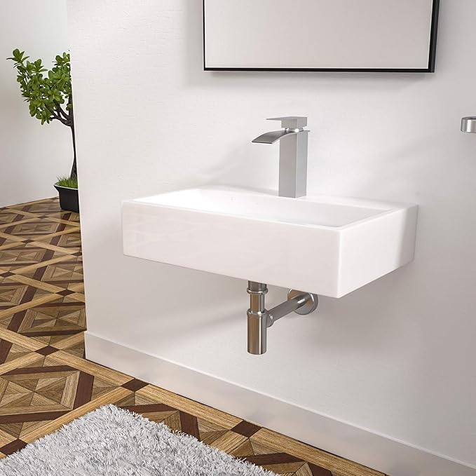 Logmey 20 Inch Wall Mount Bathroom Vessel Sink ADA Rectangle 20"x14" Floating Bathroom Vessel Sink White Porcelain Ceramic Vessel Vanity Sinks Rectangle Art Basin