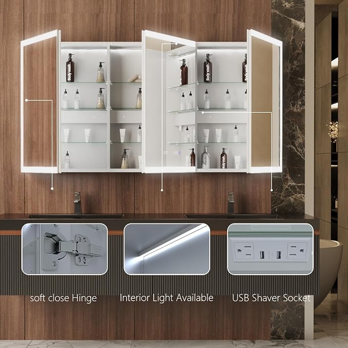 60" W x 30" H Smart Lighted Medicine Cabinet with Mirror for Bathroom, Recessed/Surface Mount Medicine Cabinet with Anti-Fog, 1800W Charging Station, USB Ports, 3 Color Lights