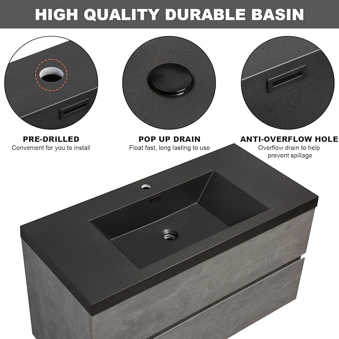 Wall Mounted 42 Inch Bathroom Vanity with Sink, Floating Vanity Bathroom, Single Sink Bathroom Vanity, 2 Drawers, Resin Integrated Sink (Dark Birch)