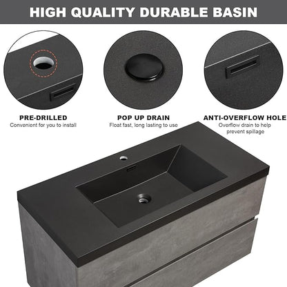 Wall Mounted 42 Inch Bathroom Vanity with Sink, Floating Vanity Bathroom, Single Sink Bathroom Vanity, 2 Drawers, Resin Integrated Sink (Dark Birch)