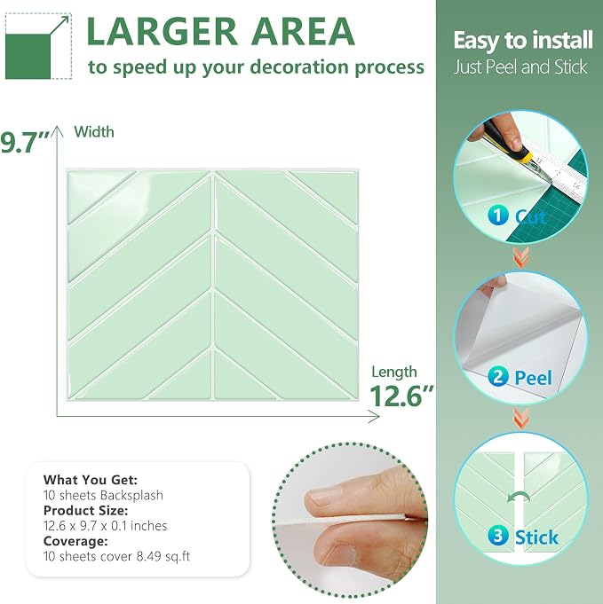 STICKGOO Herringbone Peel and Stick Backsplash, Light Green, 10 Sheets | 12.6 x 9.7 in, Thicker Rectangular Vinyl Stick-On Wall Tiles, Easy Alignment, Waterproof, Easy to Clean, Kitchen/Bathroom