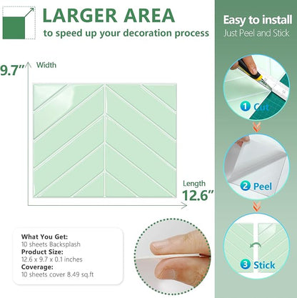 STICKGOO Herringbone Peel and Stick Backsplash, Light Green, 10 Sheets | 12.6 x 9.7 in, Thicker Rectangular Vinyl Stick-On Wall Tiles, Easy Alignment, Waterproof, Easy to Clean, Kitchen/Bathroom