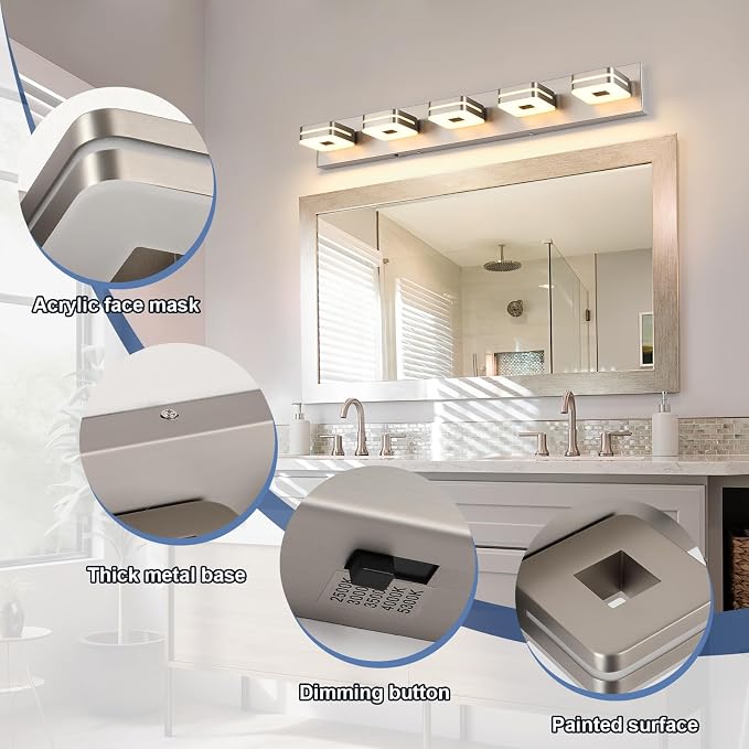 Modern Bathroom Vanity Light Fixture, 5CCT Dimmable LED Wall Sconce, 34" Brushed Nickel Over Mirror Light, 5-Light Acrylic Vanity Lights for Bathroom, Indoor Restroom Lighting