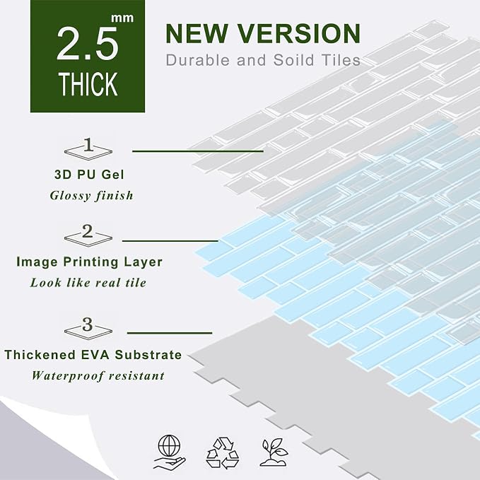 STICKGOO Thicker Peel and Stick Backsplash Tile for Kitchen and Bathroom | 10 Sheets of 12”×12” - 3D Vinyl Self Adhesive Wall Tiles Stick on Backsplash for Kitchen & Bathroom(Sky Blue)