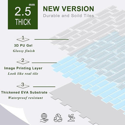 STICKGOO Thicker Peel and Stick Backsplash Tile for Kitchen and Bathroom | 10 Sheets of 12”×12” - 3D Vinyl Self Adhesive Wall Tiles Stick on Backsplash for Kitchen & Bathroom(Sky Blue)