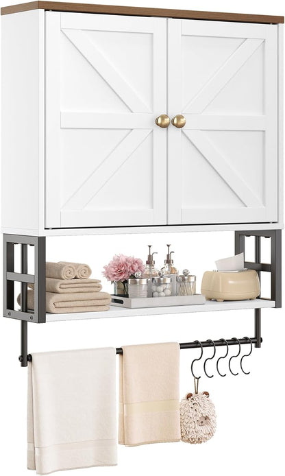 Wall Mounted Bathroom Storage Large Farmhouse Medicine Cabinet | 2 Doors & Adjustable Shelves 5 Hooks, 3-Tier for Over-Toilet, Laundry, Living, Bedroom, Kitchen, Space Saving
