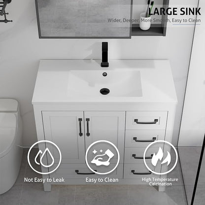 LUCKWIND 36" Bathroom Vanity and Sink Combos, Modern Bathroom Storage Painted Cabinet with Undercounter Resin Single Sink Top, Matte Black Faucet and 5 Drawers, Mirror Not Included, White