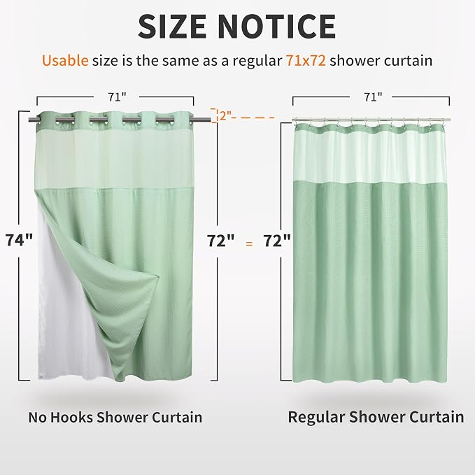 River Dream Waffle No Hook Shower Curtain with Liner,Green Light,71x74 | Dotted Waffle,Snap-in Liner,Heavy Duty,Quick Dry,Mesh Top Window,With Bottom Magnets,Hotel-Grade,Washable,Standard Size