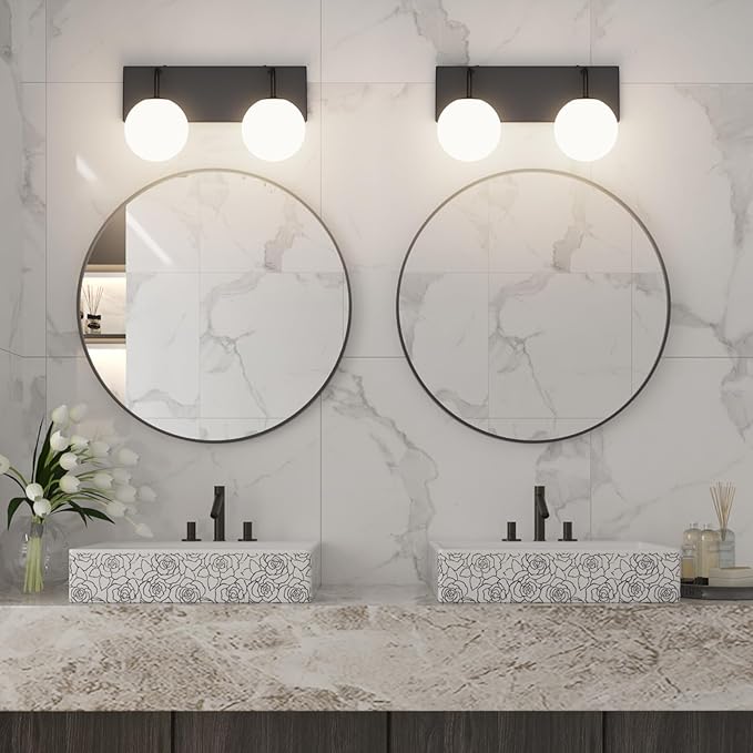 Tipace Black Vanity Light Fixtures, 2-Light Modern Bathroom Light Over Mirror with White Milk White Globe Glass for Bathroom (Exclude Bulb)
