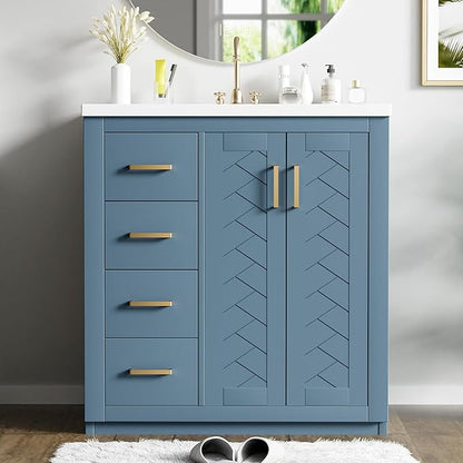 Merax Herringbone Single Sink Bathroom Vanity, Freestanding 30" Modern Bathroom Vanity Storage Cabinet with 3 Drawers and 2 Doors, Solid Wood Frame