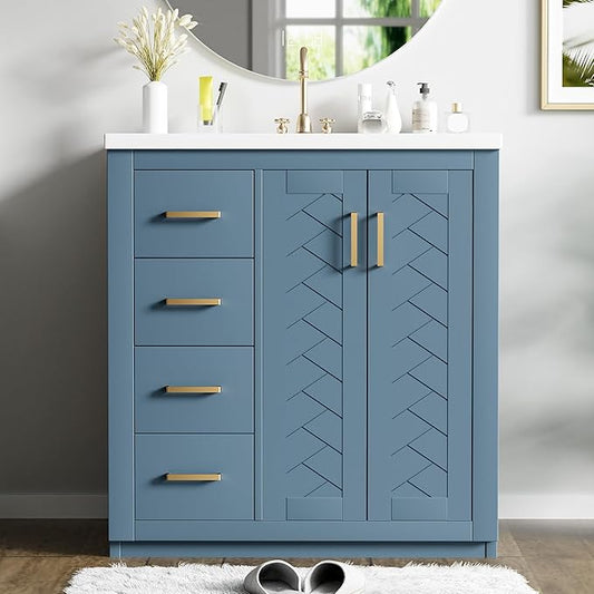 Merax Herringbone Single Sink Bathroom Vanity, Freestanding 30" Modern Bathroom Vanity Storage Cabinet with 3 Drawers and 2 Doors, Solid Wood Frame