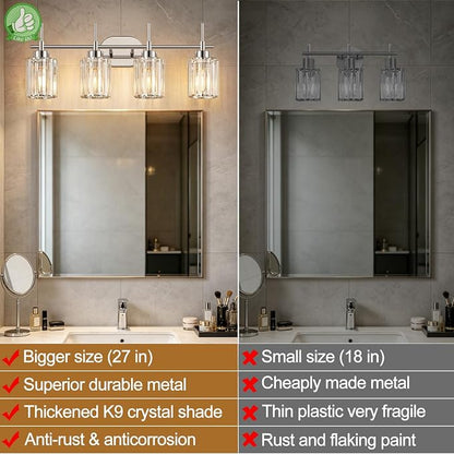 Modern K9 Crystal Bathroom Vanity Light Fixtures, 4-Light Chrome Vanity Lighting Over Mirror, Clear Crystal Shades, Modern Bathroom Light for Bedroom Living Room Hallway Dressing Room