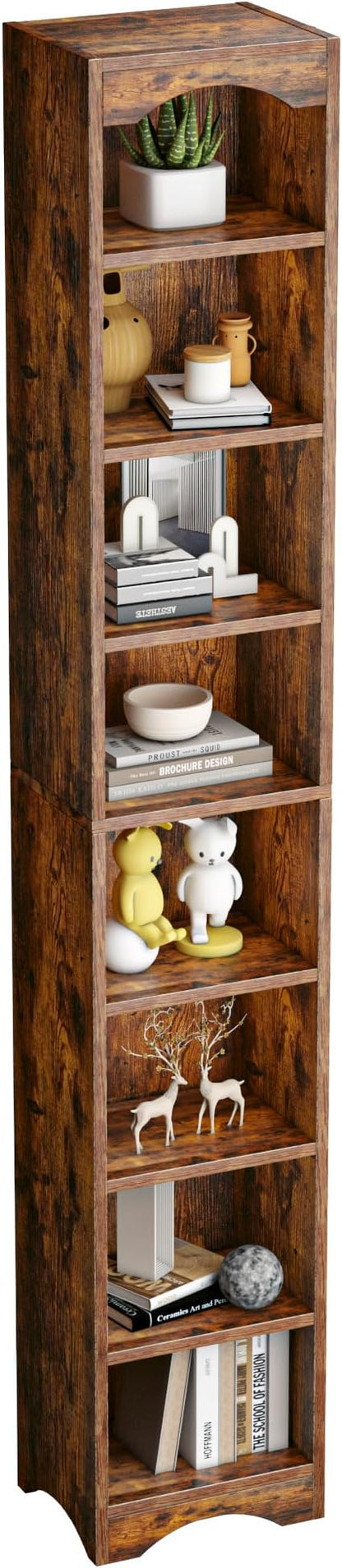 VECELO Curved Top Narrow Tall Bookshelf, 6 Adjustable Movable Shelves, Wood Space Saving Corner Storage Organizer, Retro Brown
