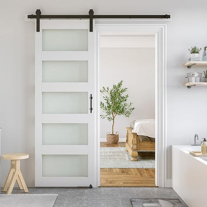 SMARTSTANDARD 32 x 84 in Glass Barn Door with 6FT Sliding Hardware Kit | Pre-Drilled Ready to Assemble, Waterproof PVC Coating, White, 5-Panel Glass